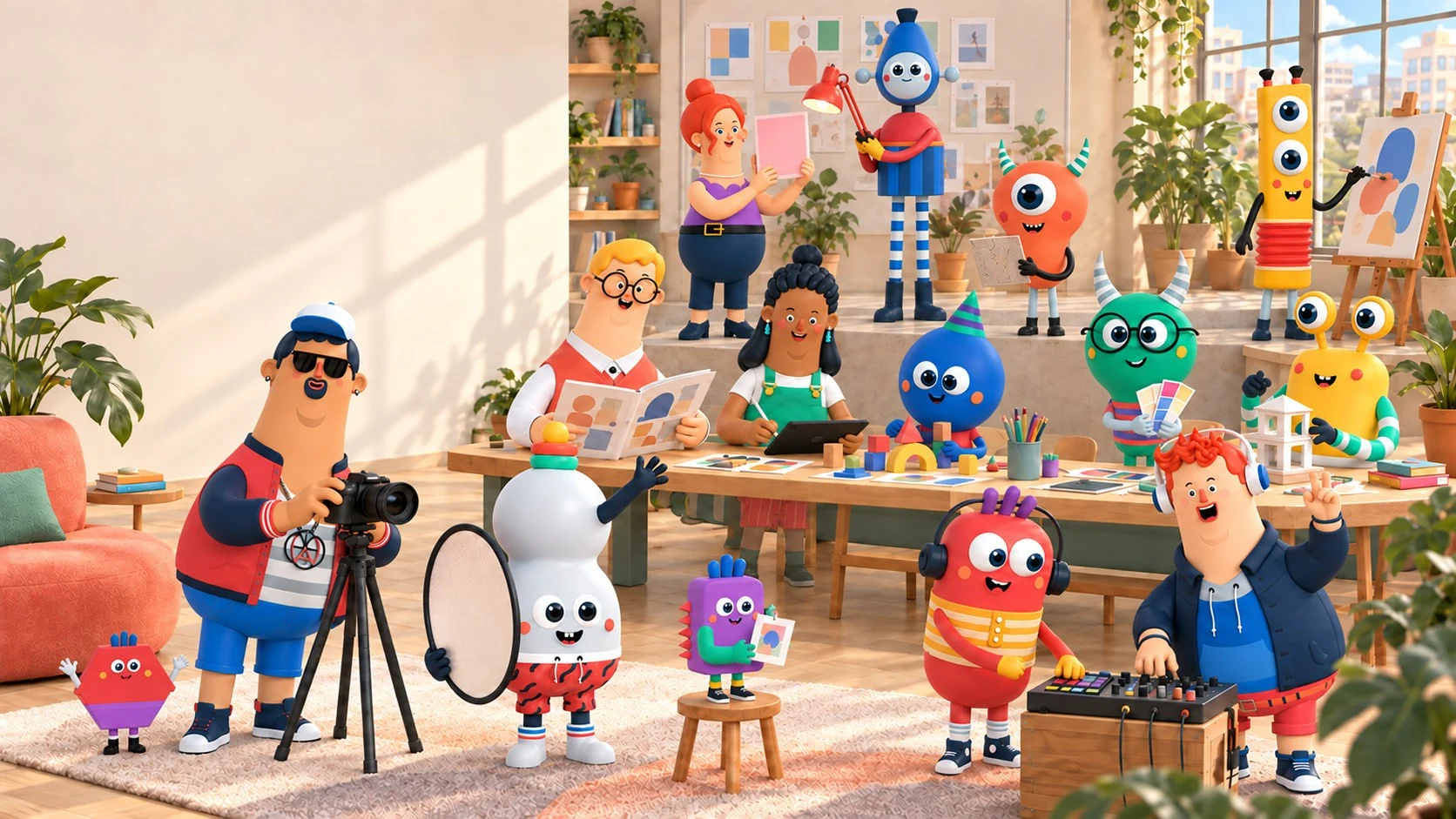 WACKIES characters creating together in a sunlit studio